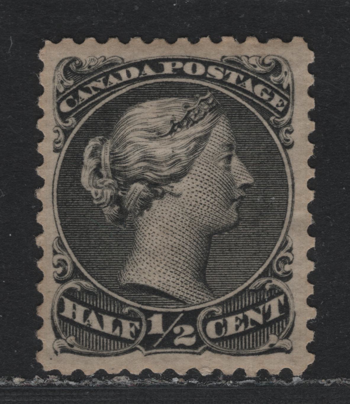 Lot 303 Canada #21 1/2c Black , 1868-1876 Large Queen Issue, A VFOG Single, Early Printing, FO-M Paper (Duckworth 4), Perf 12.
