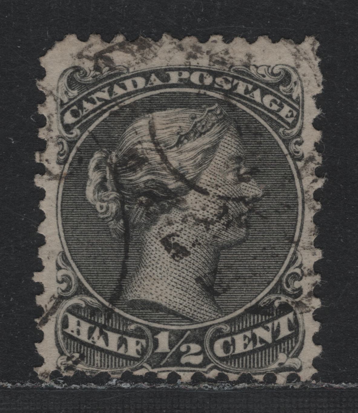 Lot 305 Canada #21a 1/2c Gray Black , 1868-1876 Large Queen Issue, A Very Good Used Single, Soft Wove Paper That Is Silky Soft (MM-M), Perf 11.7x12, Making It a Mid Montreal Printing, Moderate Cancel & Slightly Rounded Corner At UL.