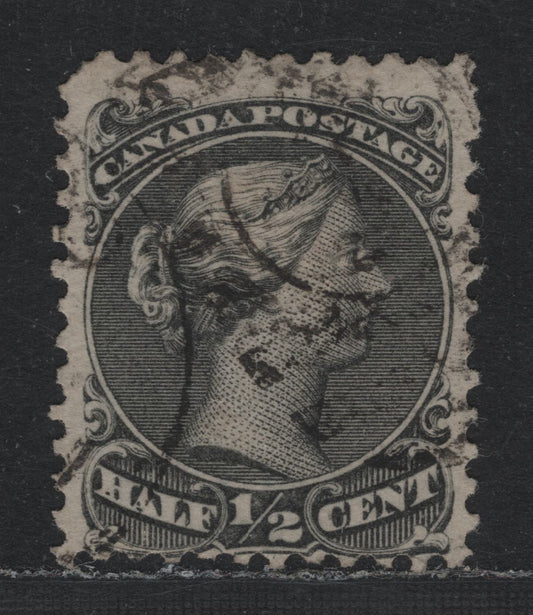 Lot 305 Canada #21a 1/2c Gray Black , 1868-1876 Large Queen Issue, A Very Good Used Single, Soft Wove Paper That Is Silky Soft (MM-M), Perf 11.7x12, Making It a Mid Montreal Printing, Moderate Cancel & Slightly Rounded Corner At UL.