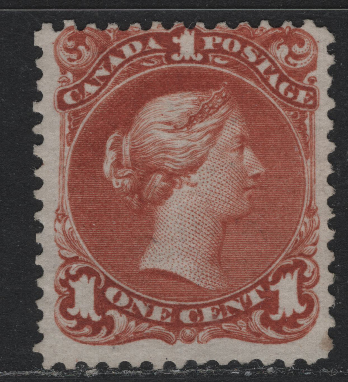 Lot 306 Canada #22b 1c Brown Red , 1868-1876 Large Queen Issue, A Fine Unused Single, FO-O Paper, Perf 12.1, Fresh Unused Example On Thin, Translucent Paper, No Plate Dot Under Third Scallop Of LL Ornament.