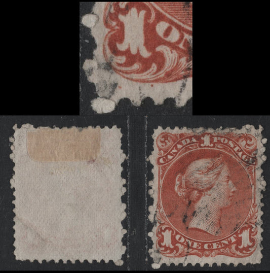 Lot 311 Canada #22ii 1c Brown Red , 1868-1876 Large Queen Issue, A Very Good Used Single, Bothwell Paper (FO-Y), Perf 12x11.9, Tiny Thin Underneath The Hinge Remnant.
