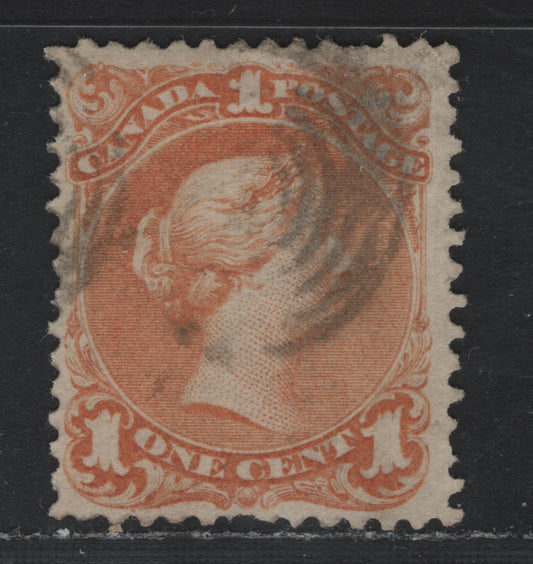 Lot 313 Canada #23 1c Yellow Orange , 1868-1876 Large Queen Issue, A Very Good Used Single, FO-M Paper, Showing Early Usage Of 11.75 Machine, Being Perf 11.9x11.75x11.9x12, First Example We Have Seen With This Perf.