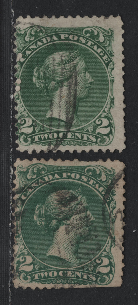 Lot 315 Canada #24 2c Deep Green , 1868-1876 Large Queen Issue, 2 Good Used Singles, Duckword Paper 4 (FO-AA) & FO-FG, Perfs 12 & 12.1x12, Two Short Perfs On First Stamp & Perfs Trimmed On Second At LR.