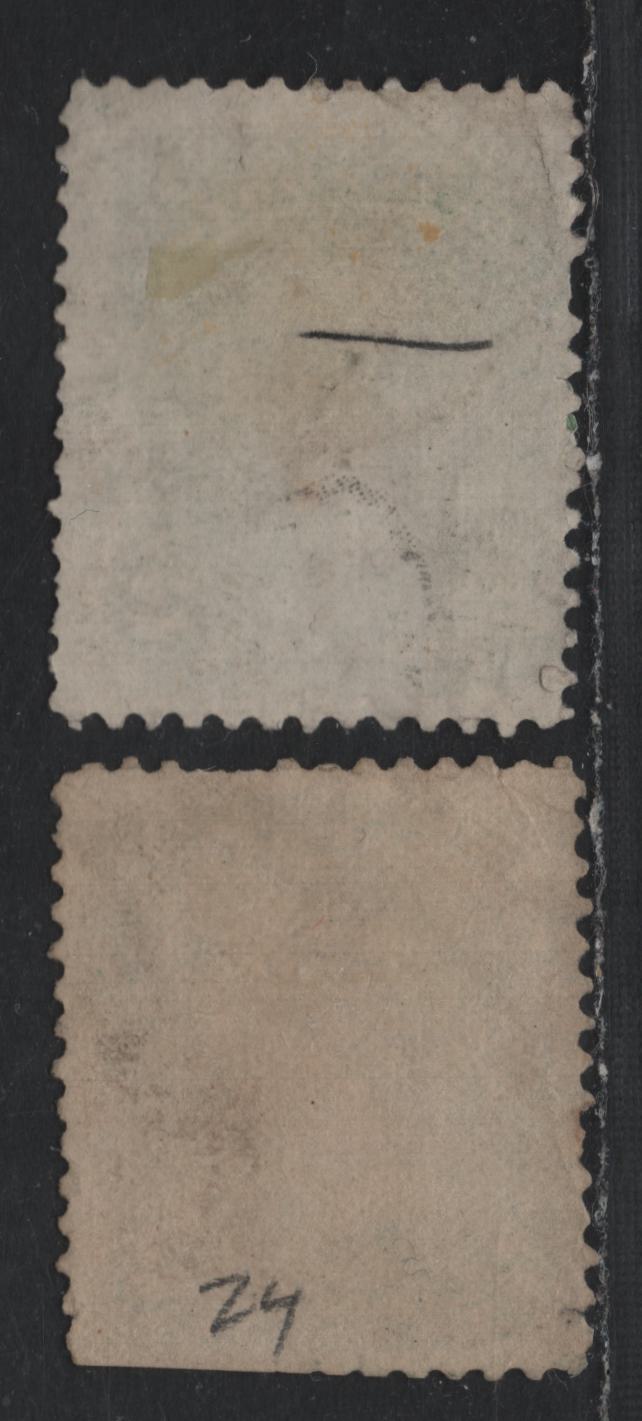 Lot 315 Canada #24 2c Deep Green , 1868-1876 Large Queen Issue, 2 Good Used Singles, Duckword Paper 4 (FO-AA) & FO-FG, Perfs 12 & 12.1x12, Two Short Perfs On First Stamp & Perfs Trimmed On Second At LR.