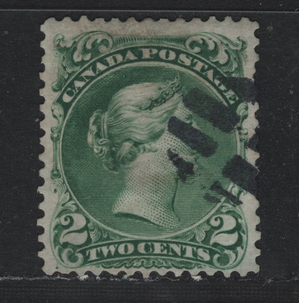 Lot 316 Canada #24b 2c Deep Emerald Green , 1868-1876 Large Queen Issue, A Very Good Used Single, Thin Translucent Paper (FO-BB), Perf 12, Tiny Internal Circular Tear, Caused By The Cork Cancel, Which Is Just Below The Queen's Chin.