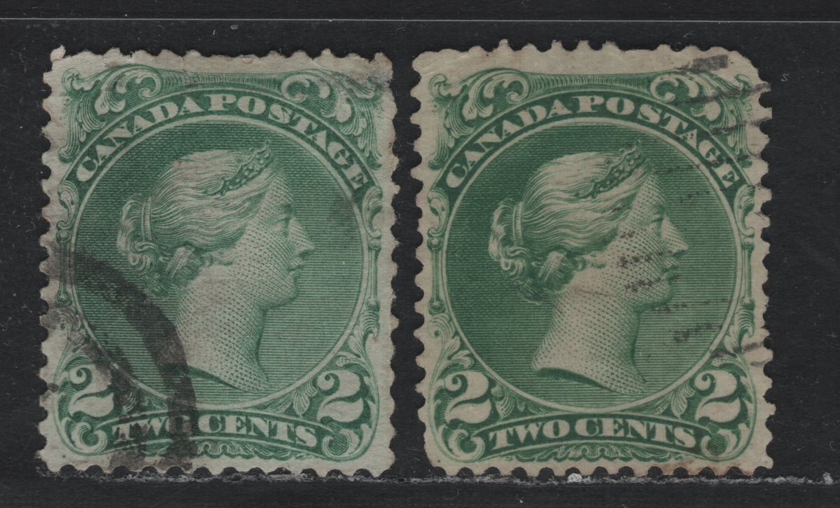 Lot 317 Canada #24i, 24 2c Milky Emerald Green - Green , 1868-1876 Large Queen Issue, 2 Good/Very Good Used Singles, Soft Opaque Paper (FO-FI) & FO-D Papers, Perfs 12, Minor Faults On Both Stamps.