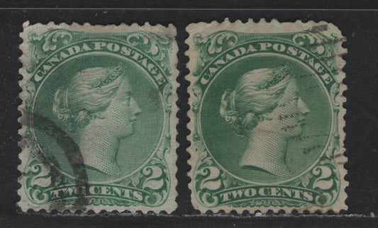 Lot 317 Canada #24i, 24 2c Milky Emerald Green - Green , 1868-1876 Large Queen Issue, 2 Good/Very Good Used Singles, Soft Opaque Paper (FO-FI) & FO-D Papers, Perfs 12, Minor Faults On Both Stamps.