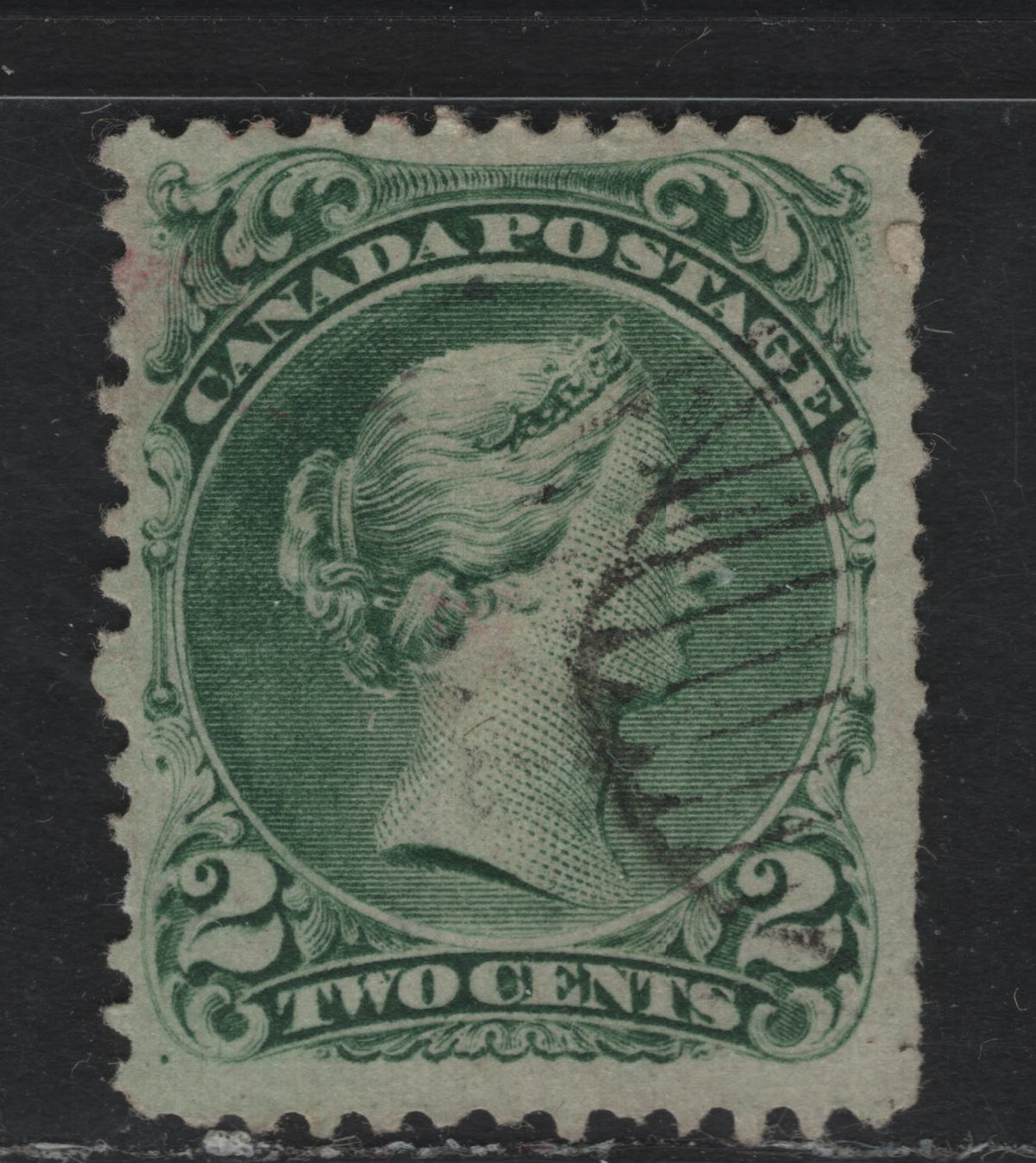 Lot 318 Canada #24a 2c DeepClear Emerald , 1868-1876 Large Queen Issue, A Good Used Single, Watermarked Bothwell Paper (FO-Y), Watermark Shows An Inverted-Reversed 'E of 'E & G', Fine Centered & Light Cancel, But Nearly All Perfs On Right Side Are Pulled.