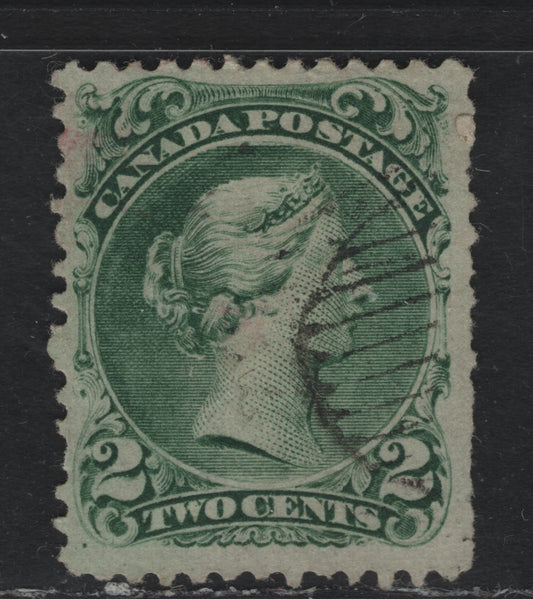 Lot 318 Canada #24a 2c DeepClear Emerald , 1868-1876 Large Queen Issue, A Good Used Single, Watermarked Bothwell Paper (FO-Y), Watermark Shows An Inverted-Reversed 'E of 'E & G', Fine Centered & Light Cancel, But Nearly All Perfs On Right Side Are Pulled.