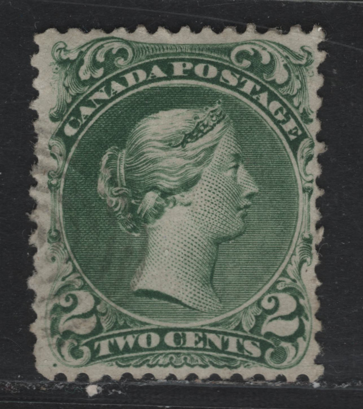 Lot 319A Canada #24iv 2c Deep Green , 1868-1876 Large Queen Issue, A Fine Used Single, Bothwell Paper, Perf 12, 2 Light Diagonal Creases That Do Not Break The Paper Fibre.