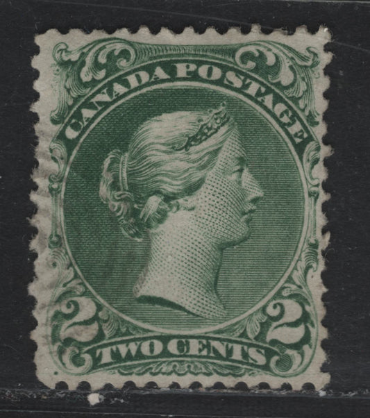 Lot 319A Canada #24iv 2c Deep Green , 1868-1876 Large Queen Issue, A Fine Used Single, Bothwell Paper, Perf 12, 2 Light Diagonal Creases That Do Not Break The Paper Fibre.