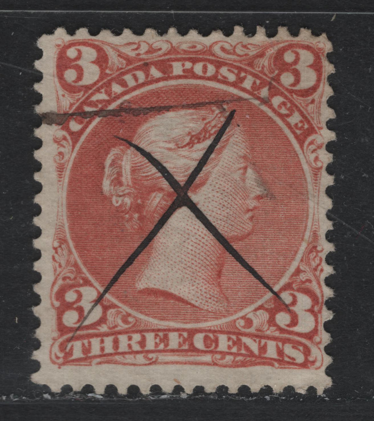 Lot 320 Canada #25 3c Indian Red , 1868-1876 Large Queen Issue, A Fine Used Single, FO-D Paper, Perf 11.9x12