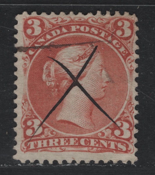 Lot 320 Canada #25 3c Indian Red , 1868-1876 Large Queen Issue, A Fine Used Single, FO-D Paper, Perf 11.9x12