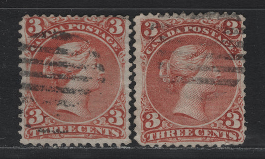 Lot 321 Canada #25 3c Indian Red - Copper Red , 1868-1876 Large Queen Issue, 2 Very Good Used Singles, FO-T & FO-D Papers, Perfs 11.9x12 & 12