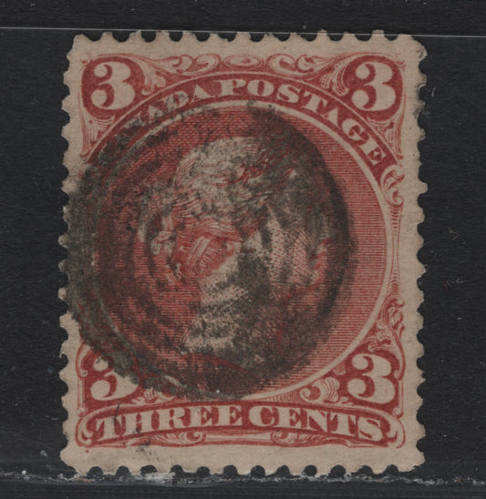 Lot 322 Canada #25 3c Deep Copper Red , 1868-1876 Large Queen Issue, A Fine Used Single, Duckword Paper 4 (FO-FG), Rather Heavy Target Cancel, Perf 11.9.