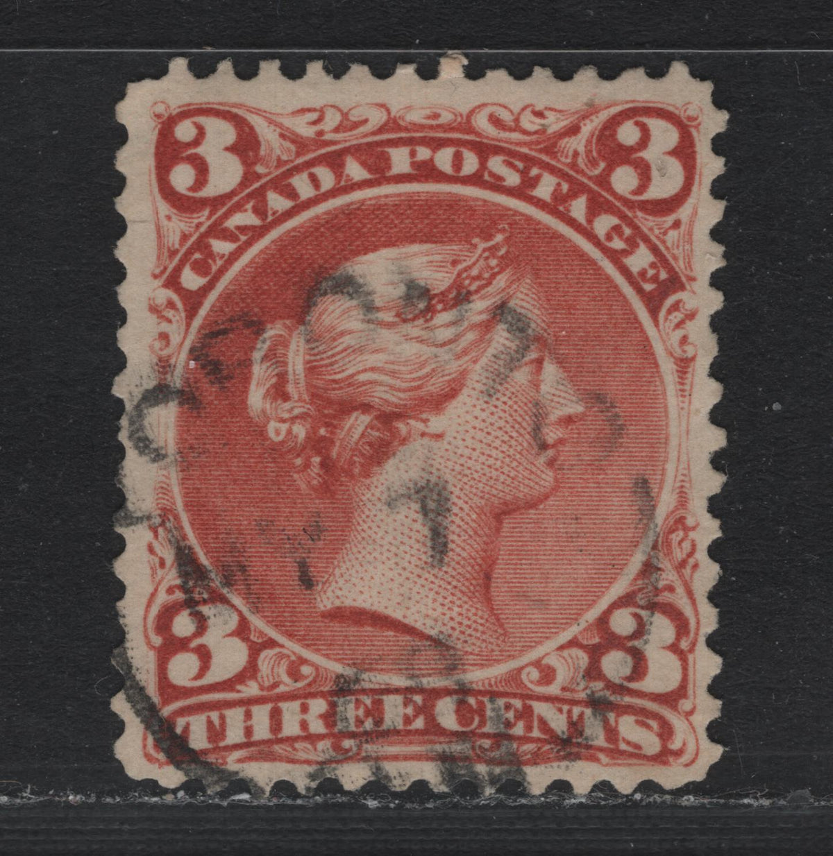 Lot 323 Canada #25 3c Bright Copper Red , 1868-1876 Large Queen Issue, A Very Fine Used Single, Variation Of Duckworth Paper 4 (FO-FK), May 7 1868 Toronto Cancel, A Alittle More Than A Month After Issue.