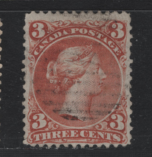 Lot 325 Canada #25a 3c Indian Red , 1868-1876 Large Queen Issue, A Fine Used Single, Watermarked "Bot" Inverted, Paper FO-Y, Perf 12.