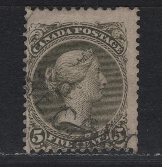 Lot 327 Canada #26iv 5c Olive Green , 1868-1876 Large Queen Issue, A Very Good Used Single, Perf 11.75x12, MM-Y Paper