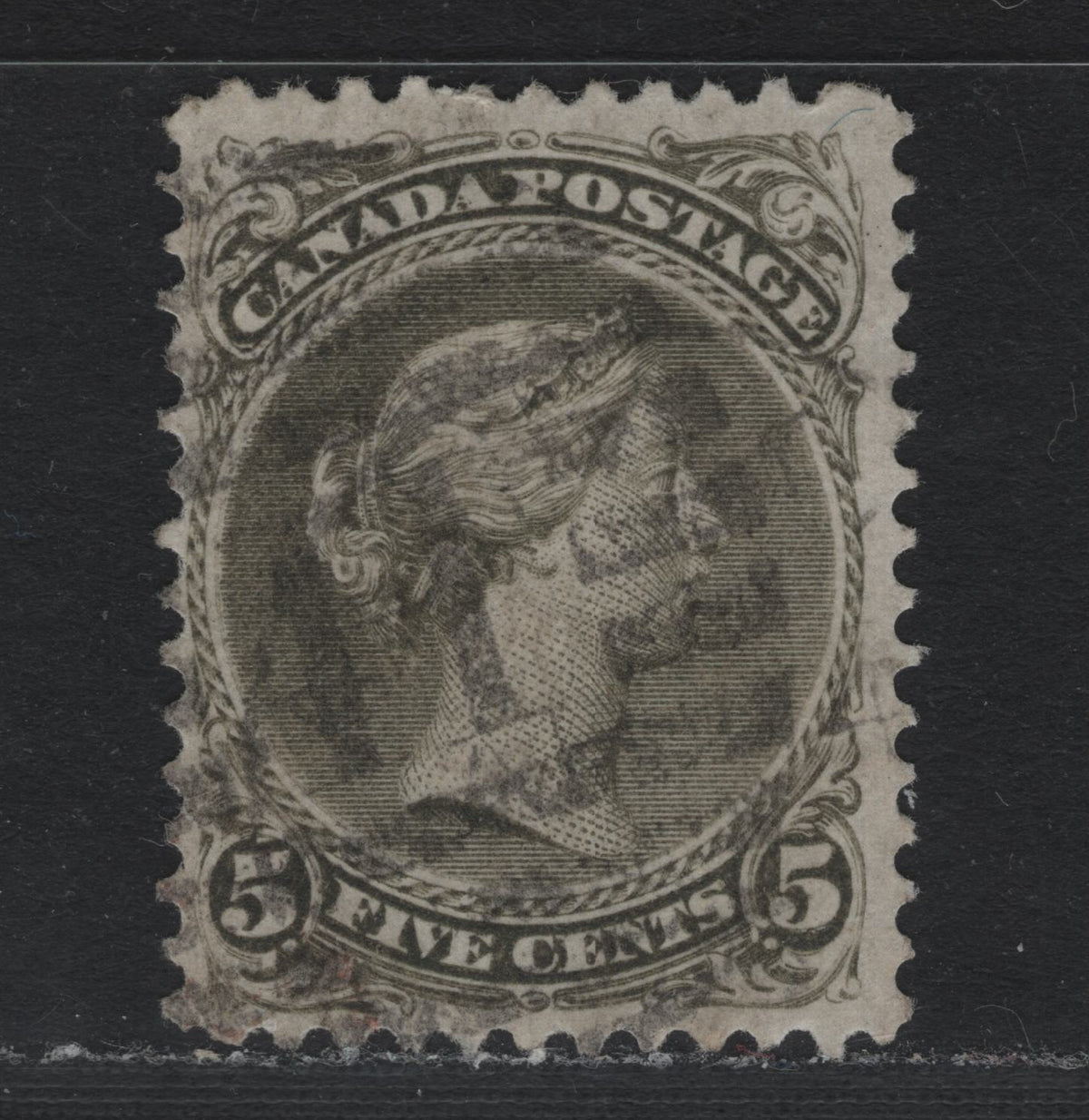 Lot 328 Canada #26iv 5c Olive Green , 1868-1876 Large Queen Issue, A Fine Used Single, Perf 11.75x12, Thinner Paper (MM-O), Halifax Duplex Cancel.