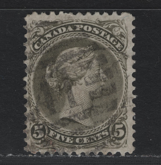 Lot 328 Canada #26iv 5c Olive Green , 1868-1876 Large Queen Issue, A Fine Used Single, Perf 11.75x12, Thinner Paper (MM-O), Halifax Duplex Cancel.