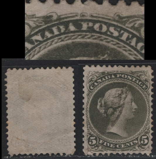 Lot 329 Canada #26vvar 5c Deep Olive Green , 1868-1876 Large Queen Issue, A Very Fine Used Single, Perf 11.6x12, Rare Horizontal Wove Paper (MM-V), Showing Makrings In DA of Canada & P of Postage, Beautifully Centered, Lightest Cancel.