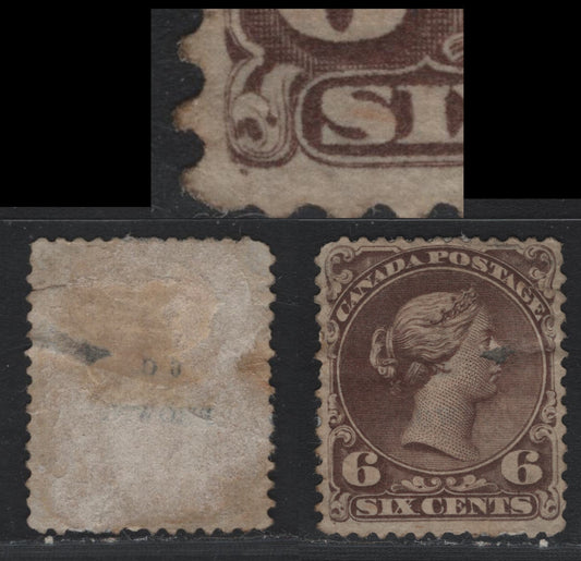 Lot 330 Canada #27 6c Dark Brown , 1868-1876 Large Queen Issue, A Fair OG Single, Many Faults, But Presentable, Perf 12, FO-M Paper, Plate 1 Printing With Guide Dot Under Lower Left Scroll.