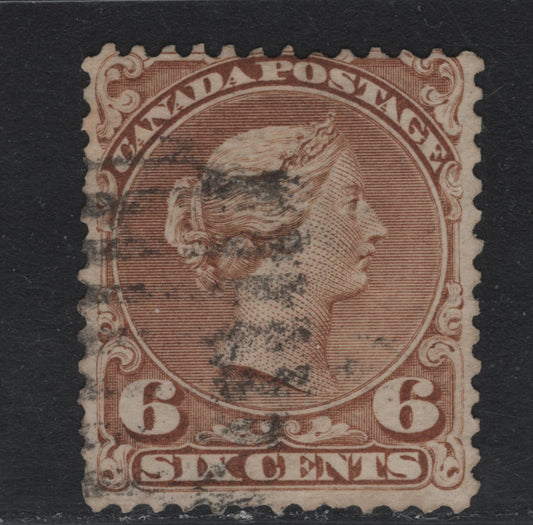 Lot 331 Canada #27a 6c Pale Yellow Brown , 1868-1876 Large Queen Issue, A Good Used Single, FO-Q Paper, Perf 12, No Plate Dot Visible.