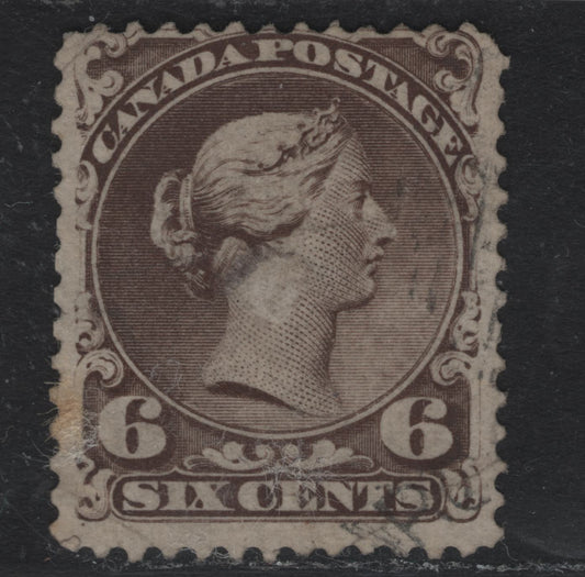Lot 332 Canada #27f 6c Black Brown , 1868-1876 Large Queen Issue, A Fine Used Single, Thin Paper (FO-DD), Perf 12, Plate 1 Printing.
