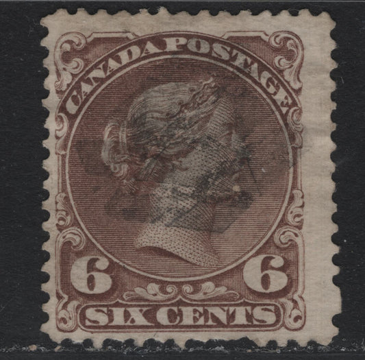 Lot 334 Canada #27 6c Dull Brown , 1868-1876 Large Queen Issue, A Very Good Used Single, FO-D Paper, Perf 12, Plate 2 Printing.