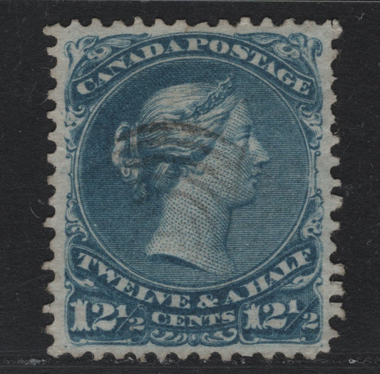 Lot 337 Canada #28b 12.5c Blue , 1868-1876 Large Queen Issue, A Very Fine used Single, Thin Horizonal Wove Paper, FO-U Paper, Perf 12x11.9, Beautifully Centered, Lightly Cancelled Example.