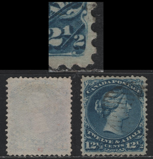 Lot 338 Canada #28 12.5c Deeper Blue , 1868-1876 Large Queen Issue, A Fine Used Single, FO-U Paper, Perf 12.1, Very Well Centered Example, Tight Maritime Grid Cancel, Very Small Tear In Margin Above N of Canada.