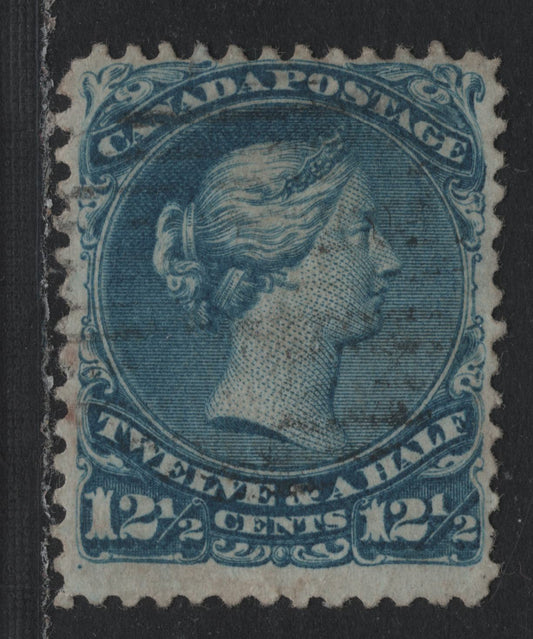 Lot 340 Canada #28a 12.5c Blue , 1868-1876 Large Queen Issue, A Very Good Used Single, Inverted WE from Bothwell, FO-V Paper, Perf 12.1x12, A  Very Tiny Tear Above A of Canada.
