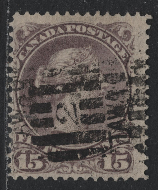 Lot 343 Canada #29i 15c Purple , 1868-1876 Large Queen Issue, A Very Good Used Single, 2nd Ottawa Printing, Perf 12.1, #2 Ottawa Roller Cancel.