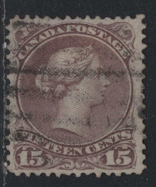 Lot 344 Canada #29b 15c Red Lilac , 1868-1876 Large Queen Issue, A Fine Used Single, 1st Ottawa Printing, FO-M Paper, Perf 12, Showing Guide Dot at LL.