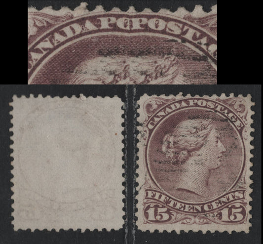 Lot 345 Canada #29a 15c Deep Reddish Purple , 1868-1876 Large Queen Issue, A Fine Used Single, Perf 11.75x11.75x11.75x12, Thin Soft Paper (FO-U), Shade Is Listed In Gibbons As #72, But Not In This Perf.