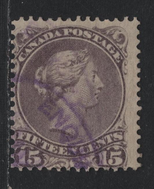 Lot 346 Canada #29i 15c Purple , 1868-1876 Large Queen Issue, A Fine Used Single, 2nd Ottawa Printing, 2O-KK Paper, Perf 12.1x12.2.