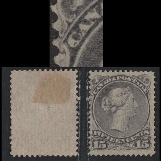 Lot 348 Canada #30 15c Gray , 1868-1876 Large Queen Issue, A Very Good Unused Single, 2nd Ottawa Printing, SO-JJ Paper, Perf 12.1, Showing Small Wedge Marking Inside C of Canada, Tiny Thin On Back.