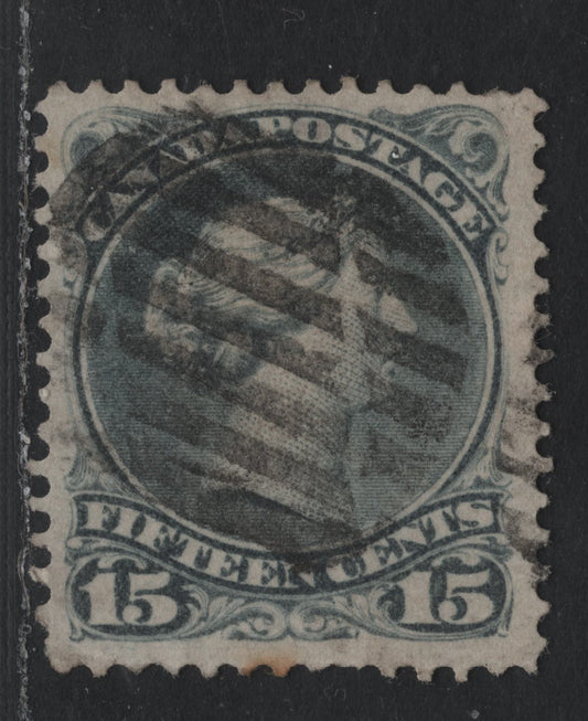 Lot 350 Canada #30 15c Deep Gray , 1868-1876 Large Queen Issue, A Very Good Used Single, Mid Montreal Printing, MM-M Paper, Perf 12.1x12.2, Toned Perf Tip.