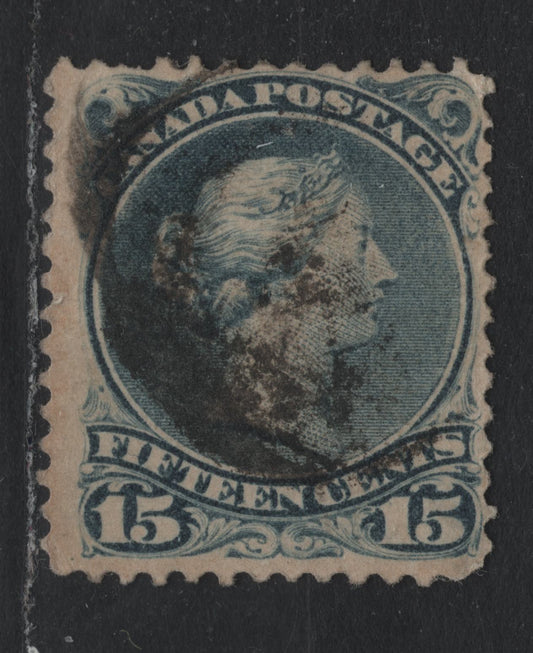 Lot 353 Canada #30b 15c Blue Gray , 1868-1876 Large Queen Issue, A Good Used Single, Mid Montreal Printing, MM-Z Paper, Perf 12x12.1, Shallow Thin On Back.