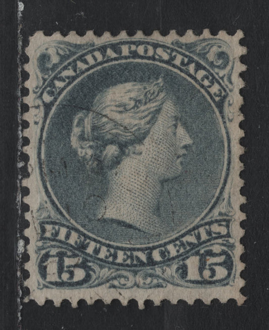 Lot 354 Canada #30i 15c Slate , 1868-1876 Large Queen Issue, A Fine Used Single, Late Montreal Printing, LM-M Paper, Perf 12.1, Showing Position Dot Under LL Corner.