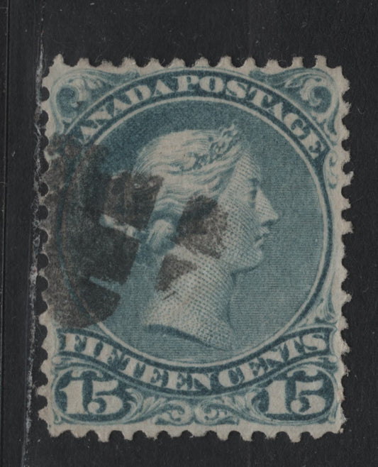 Lot 355 Canada #30e 15c Dull Blue , 1868-1876 Large Queen Issue, A Very Fine Used Single, Late Montreal Printing, LM-O Paper, Showing Guide Dot Under Lower left Scroll, Small Internal Bend.