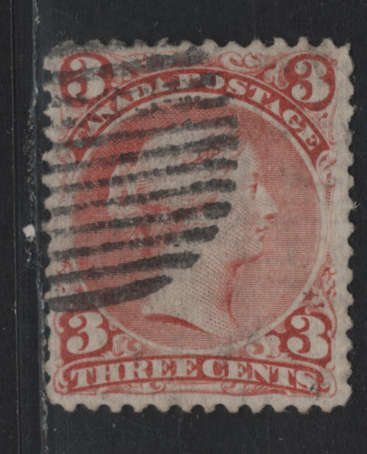 Lot 356 Canada #33 3c Orangy Red , 1868-1876 Large Queen Issue, A Very Fine Used Single, Laid Paper (FO-N), Perf 12, VF Centering & Moderate Grid Cancel, Some Glue On Back Was Used To Conceal An Expert Repair At The 'S' of Cents.