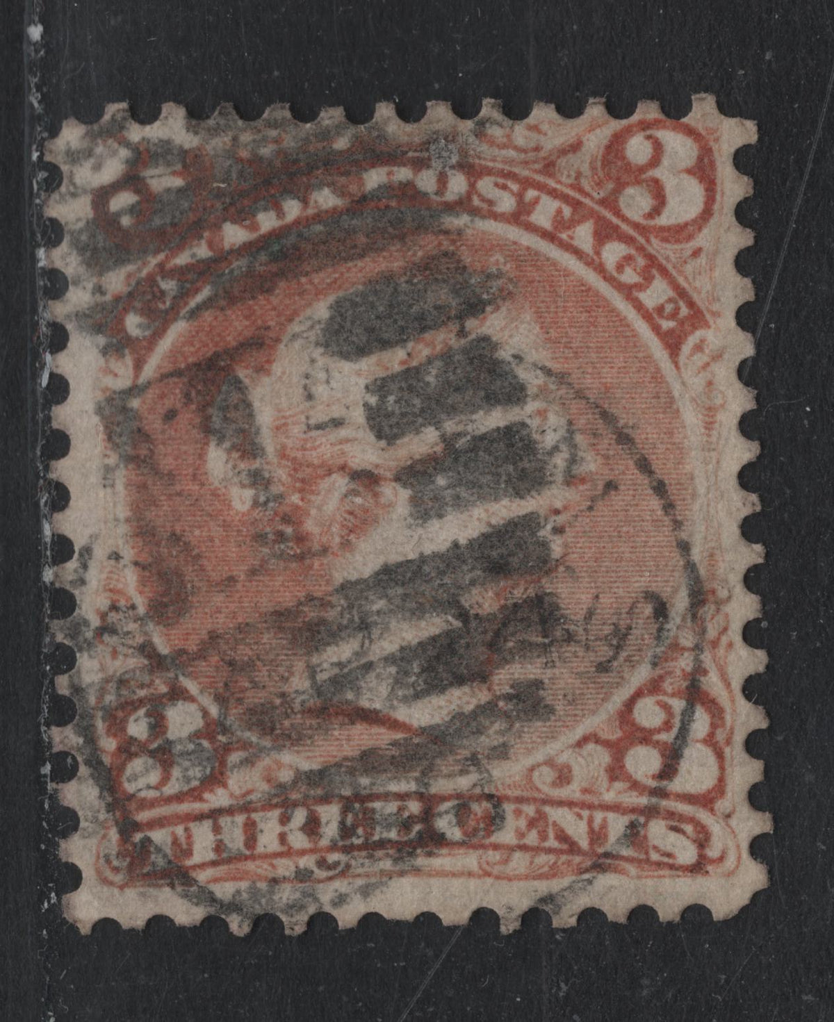 Lot 357 Canada #33F 3c Indian Red , 1868-1876 Large Queen Issue, A Fine Used Single, Expert Fake, Laid Paper, Likely Made From Duckworth Paper 4