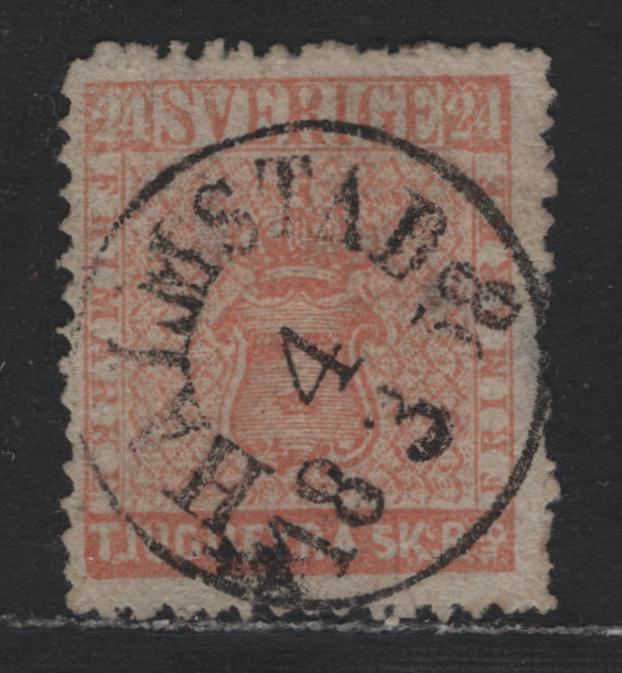 Lot 358 Sweden SC#5var (Facit 9f) 24s Dull Light Red , 1855-1858 Banco Arms Issue, A Good Used Single, Medium Paper, Attractive Example of Rare October 1857 Printing, March 18 1858 Halmstad CDS. Typical Rough Perfs.