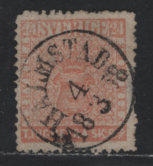 Lot 358 Sweden SC#5var (Facit 9f) 24s Dull Light Red , 1855-1858 Banco Arms Issue, A Good Used Single, Medium Paper, Attractive Example of Rare October 1857 Printing, March 18 1858 Halmstad CDS. Typical Rough Perfs.