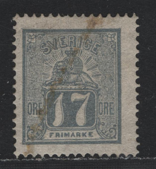 Lot 361 Sweden SC#15 (Facit 15c) 17o Bluish Gray , 1862-1869 Lion & Arms Issue, A Fine Unused Single, Streak of Gum On the Face, I Have Tried Soaking It Off, But It Didn’t Come Off