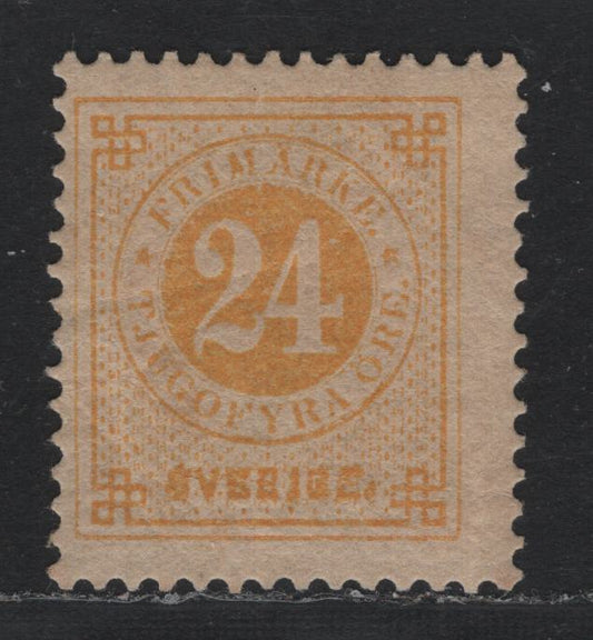 Lot 367 Sweden SC#34var (Facie 34e) 24o Orange Yellow , 1877-1879 Numeral Issue, A FOG Single, Perf 13