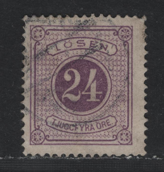 Lot 374 Sweden SC#J7 (Facit L7a) 24o Red Violet , 1874 Postage Due, A Fine Used Single, Perf 14