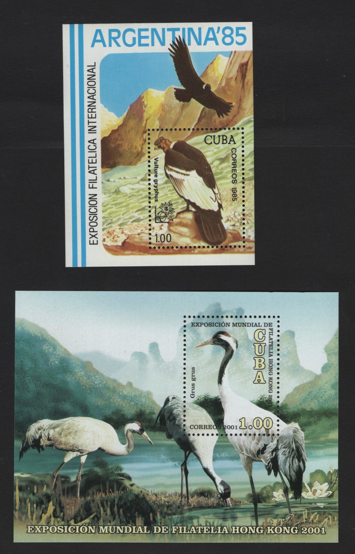 Lot 377 Cuba (C) SC#2799, 4128 1p Multicolored , 1985 - 2001 Argentina '85 - Hong Kong Stamp Exhibition Issues, 2 VFNH Souvenir Sheets