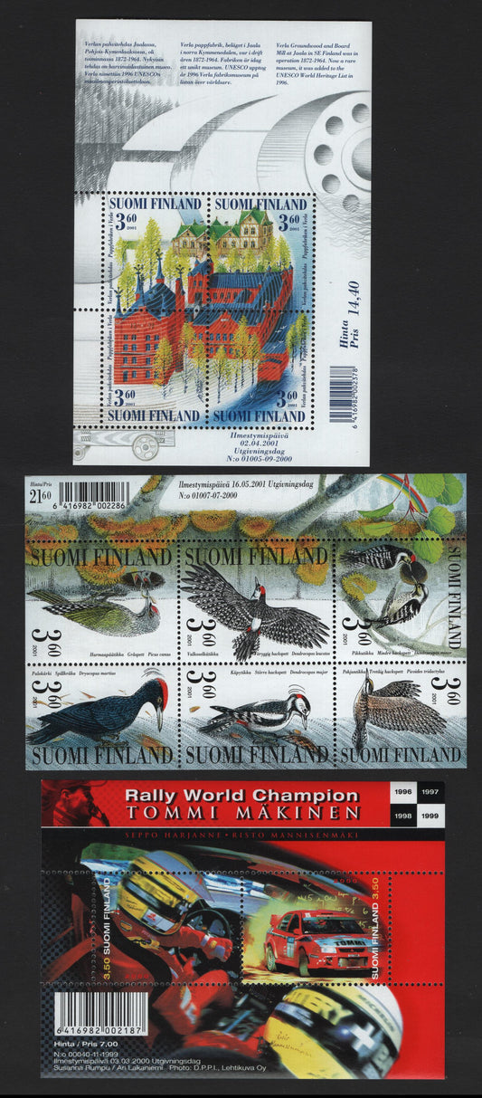 Lot 378 Finland SC#1125, 1154, 1156 3.5m - 3.60m Multicolored , 2000 Tommi Makinen- Woodpecker Issues, 3 VFNH Souvenir Sheets